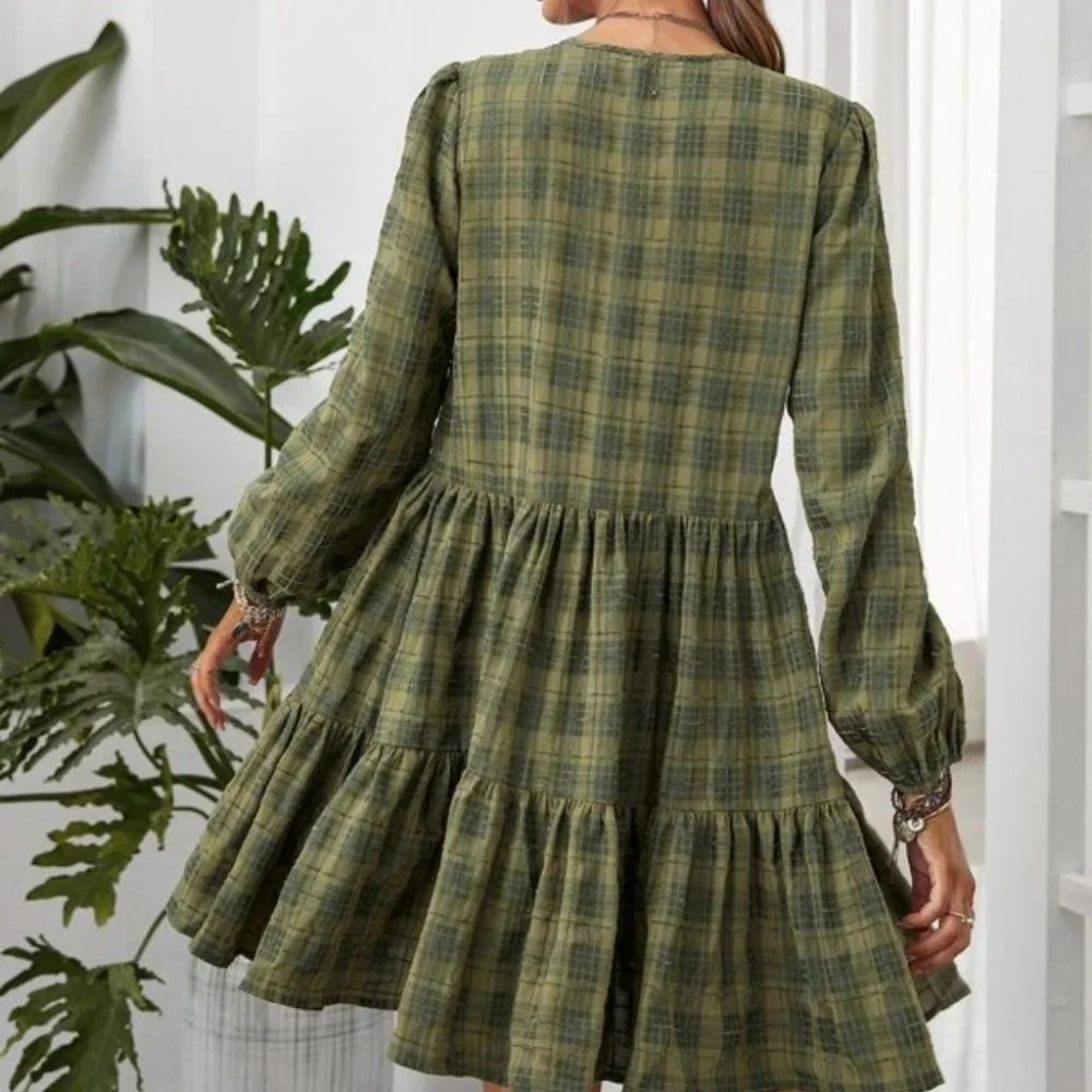 Plaid ruffle hem lantern sleeve dress GREEN - Picture 4 of 6
